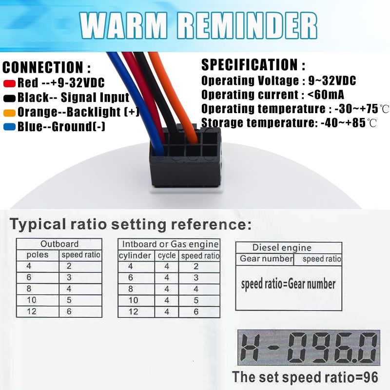 Geloo 85MM Marine Tachometer Outboard Waterproof 6000RPM Boat RPM Tacho Meter with LCD Digital Hour Meter Red Backlight for Car Truck Diesel Engine 9-32V - Image 3